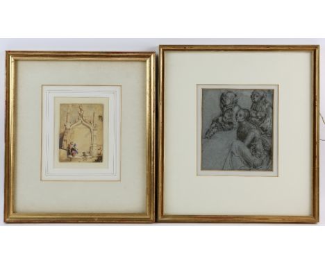After Lucas Cranach, The wet nurse, ink drawing, 14cm x 12cm, 19th century watercolour, figures in a doorway, 10cm x 7,5cm, p