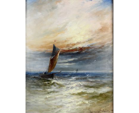 Gustave de Breanski (c.1856-1898), seascape with fishing vessel in choppy waters under a red sky, oil on canvas, signed and d