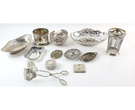 Continental group of silver items to include bon bon dishes and baskets, a WMF cooler, match stick case with stone-set cover,