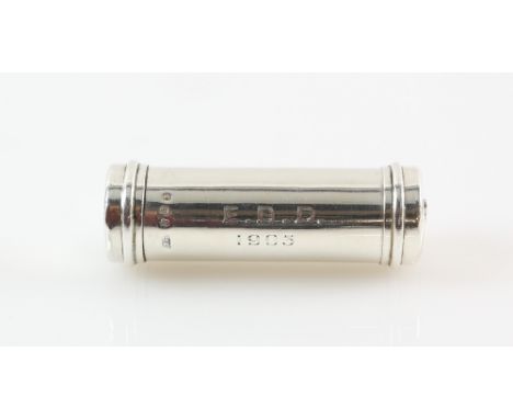 Scottish Victorian silver needle case, the cylindrical body containing six compartments, each numbered and accessed by a comp