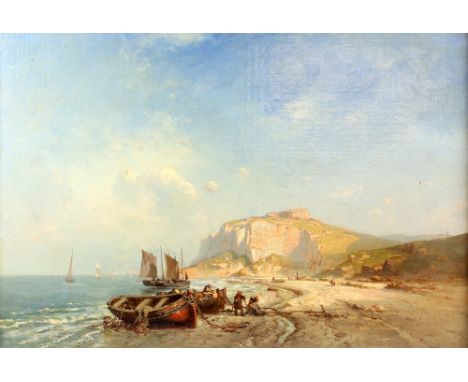 19th century English  seascape with figures and boats, unsigned oil on canvas 48cm x 71cm .   