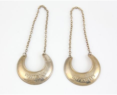 Pair of modern silver crescent shaped decanter labels, for 'WHISKY' and 'SHERRY', by Whitehill Silver &amp; Plate Co., Birmin