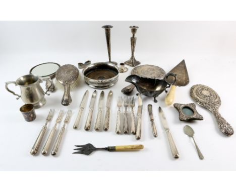 Silver backed dressing table mirrors and brushes, silver plated coaster, sauce boat, cutlery and other items,PLEASE NOTE: THI