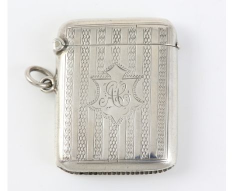 Edward VII silver vesta with vertical bands of engine turned decoration, by Joseph Gloster, Birmingham, 1906, 28g, 5cm high,.