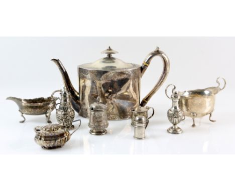 George III silver oval teapot with bright cut decoration, by John Emes, London, 1799, sauce boat, sugar bowl and various crue