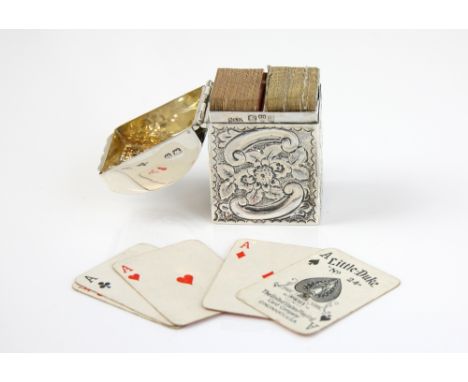 Victorian silver miniature playing card box with embossed floral decoration, by Nathan &amp; Hayes, Chester, 1900, 5cm high,.