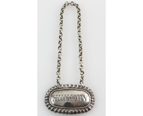 William IV silver rope-edged silver decanter label reading  'Sherry' by Rawlings &amp; Summers, London 1830, 4.5 cm wide, 14.