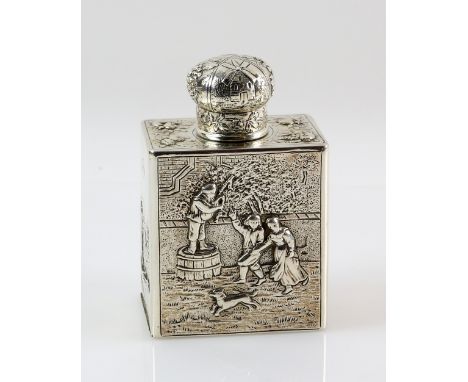 Continental silver tea caddy embossed with figures in an outdoor setting, sailing ship and a windmill, import marks for Londo