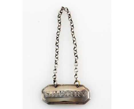 Victorian silver decanter label for 'Sherry', oblong with canted corners, by Elizabeth Eaton, London 1844, 4 cm wide, 6.5 gr.