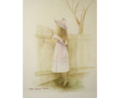 § Sherree Valentine Daines, (British, b.1959). Portrait of a young girl looking over a fence, watercolour, signed, 36cm x 28c