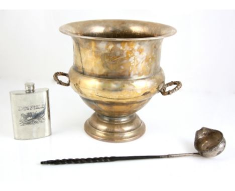 Silver plated punch ladle and a Modern plated wine cooler and spirit flask.Provenance - Removed for sale from Runnymede Park,