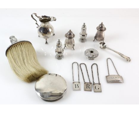 George II silver cream jug of baluster form on three scroll feet, maker's mark 'IW', London, 1749, pair of pepperettes, brush