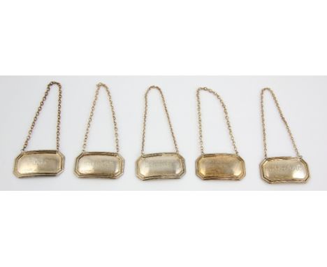 Set of five modern decanter labels, for 'COGNAC', 'PORT', 'SHERRY', 'WHISKY' and one blank, by W I Broadway &amp; Co., Birmin