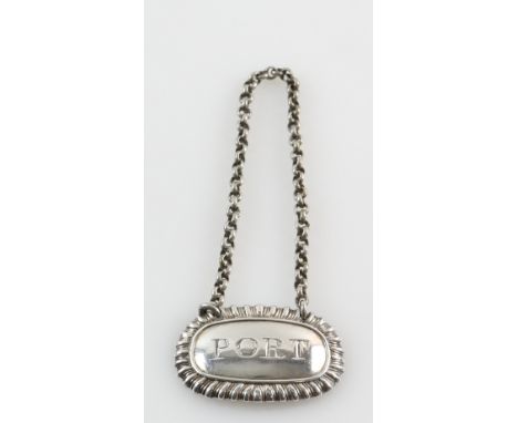 William IV silver rope-edged silver decanter label reading  'Port' by Rawlings &amp; Summers, London 1830, 4.5 cm wide, 14.5 