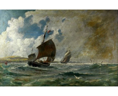 Late 19th century seascape with sailing ships, oil on canvas , unsigned marked to verso 38 Rathbone Place, 59cm x 88cm.   
