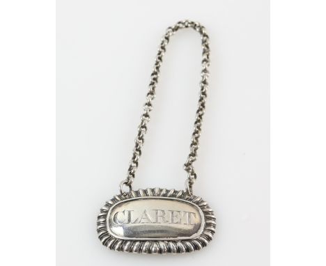 William IV silver rope-edged silver decanter label reading  'Claret' by Rawlings &amp; Summers, London 1830, 4.5 cm wide, 14.