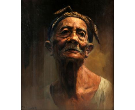 20th century, Chinese school, head and shoulders portrait of a man wearing a scarf, signed, oil on canvas,.   