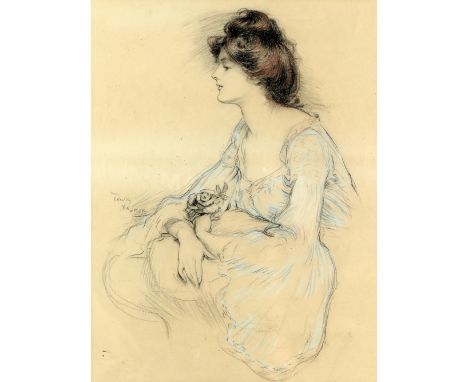 Lewis Baumer (British, 1870-1963), portrait of a lady in pencil and pastels, handwritten label verso family history believe t