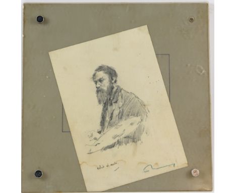Ken Moroney (1949) self portrait artist at work, pencil sketch, signed, 20cm x 15cm.   