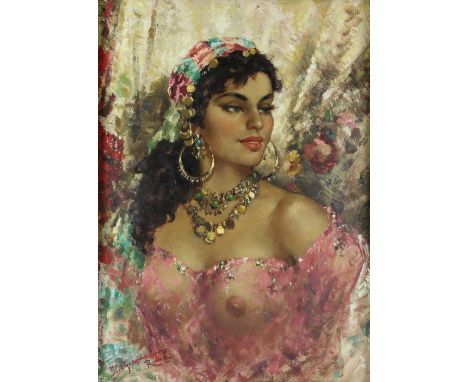 Ilio Giannaccini (Italian 1897-1968), portrait of a scantily clad beauty, signed, oil on canvas, 68cm x 48cm, Esposizione Art
