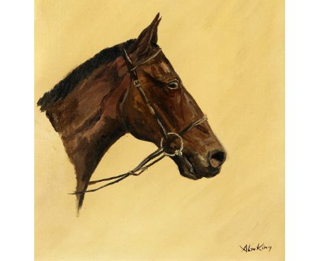 Alan King of Malvern (British, 20th century), head and neck portrait of the racehorse 'Arkle', signed, oil on board, 29.5cm x