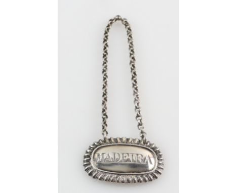 William IV silver rope-edged silver decanter label reading  'Madeira' by Rawlings &amp; Summers, London 1830, 4.5 cm wide, 14