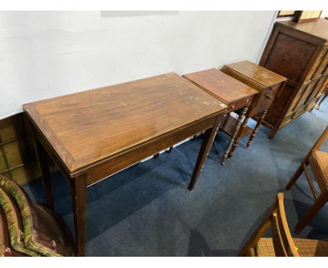Two 19th Century mahogany drop flap work tables and a fold over card table