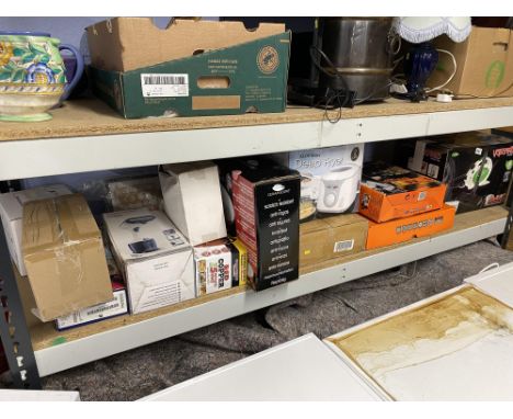 A shelf of boxed cooking vessels, equipment and other electrical items, to include Lloytron Deep Fryer, wok sets, pans and Va