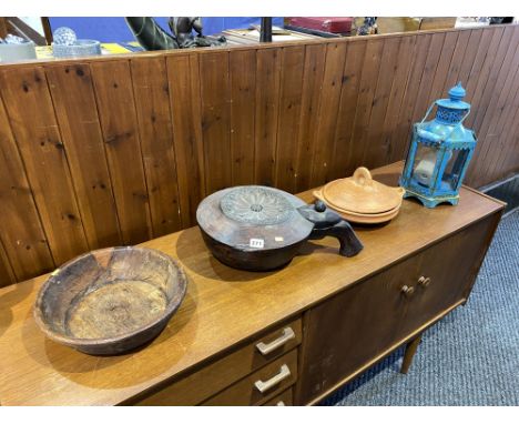 An interesting primitive lidded vessel, possibly for holding dried fruit, 47cm L, a clay tagine dish, candle lantern, treen b