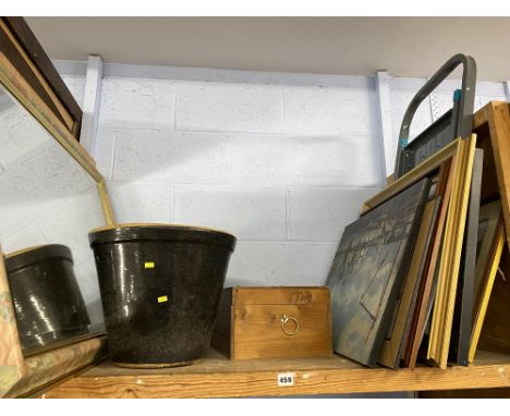 A shelf of artwork, to include prints of landscapes, still life, a glazed ceramic plant pot, steps, pine storage box and a fl