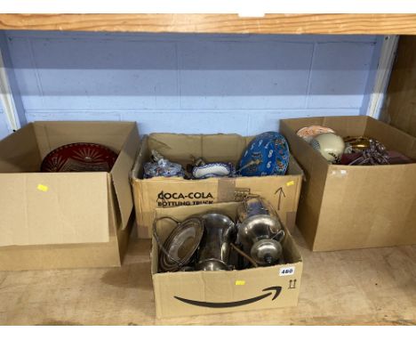 Four boxes of silver plated ware, Bohemian cut glass bowl, wall clock and various ceramic vases