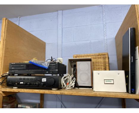 A Philips Compact Disc player, stereo amplifier, speakers, basket and Panasonic Blu Ray disc player