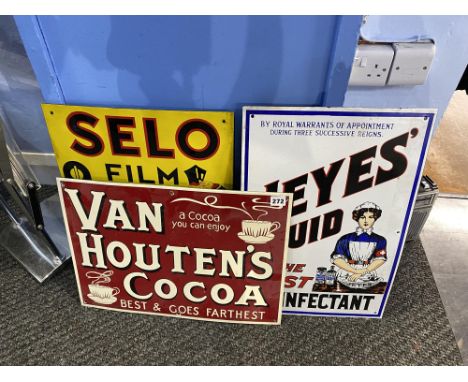 An enamelled tin advertising sign, 'Van Houten's Cocoa', 'Selochrome Film' and 'Jeyes Fluid', the largest measures 30cm x 50c