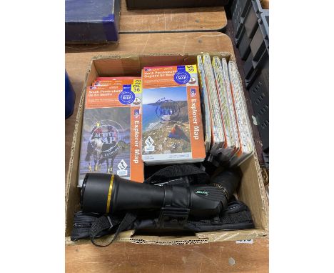 A box of ordnance survey maps of Pembrokeshire, a Helios spotting scope and tripod stand