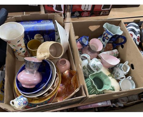 Two boxes of lustre ware, Arthur Wood vase, carnival glass and Sylvac jug