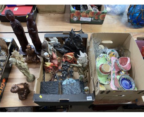 Two boxes of Maling lustre ware, pewter fantasy figures, Art Deco teaware, hardwood and other figural sculptures and dragons