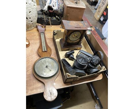 An oak cased bracket clock, with presentation plaque, two cast iron railway lanterns and other items including an Edwardian m