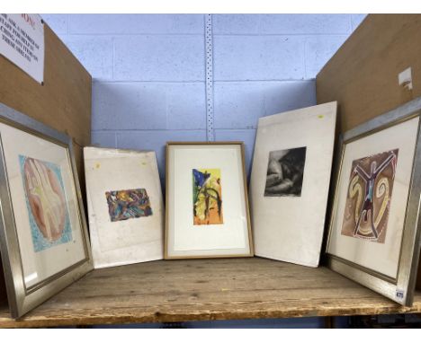 A shelf of artwork, to include an etching, titled 'Fading Away', 43cm x 63cm and contemporary watercolours of African style w
