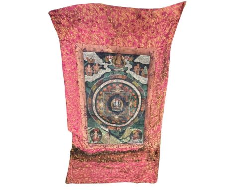 An Indian textile, hand painted with Indian Gods, 47cm x 89cm, a handmade pictorial embroidery, 285cm x 115cm, a Persian mat,
