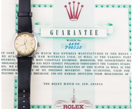 Automatic movement with original Rolex papers, Stainless steel case with arrow shaped markers on leather strap. Watch appears