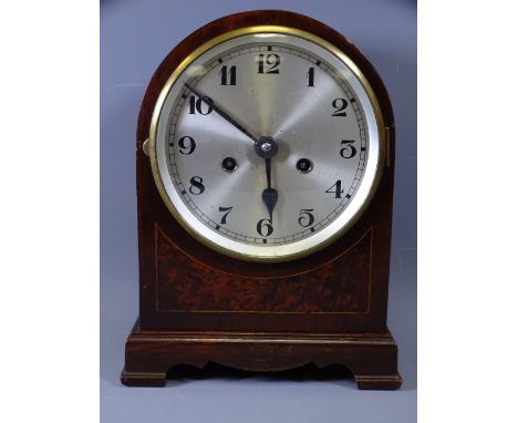 CLOCKS - dome topped eight day mantel clock with silvered dial, 30cms tall