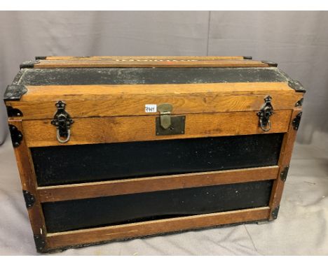 GOOD DOME TOP METAL &amp; OAK BANDED TRUNK, named to the top 'J M Williams', having an interior lift-out tray and iron carry 