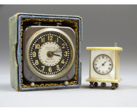 MINIATURE MOTHER OF PEARL CARRIAGE CLOCK and a boxed vintage bedroom alarm clock 'The Inventic', 67cms H