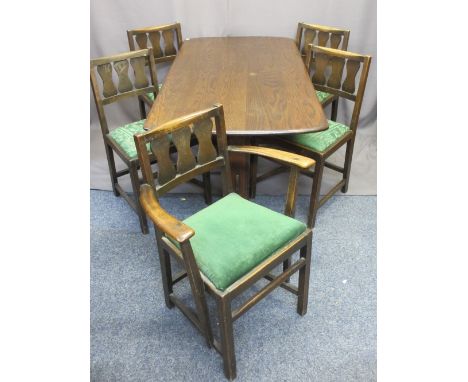 REPRODUCTION OAK REFECTORY TABLE &amp; FIVE (4 + 1) ERCOL SPLATBACK DINING CHAIRS, 72cms H, 150cms L, 78cms W the table