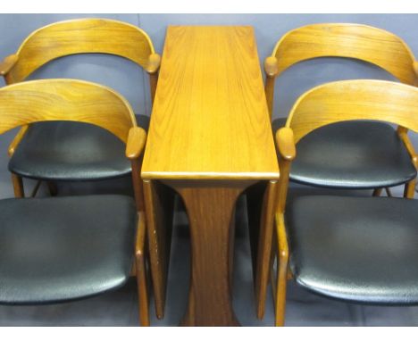 MID-CENTURY TEAK DROP LEAF DINING TABLE &amp; FOUR DESIGNER ELBOW CHAIRS, marked 'K S, made in Denmark'