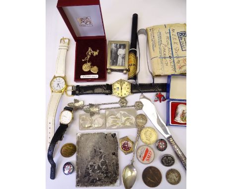 MIXED WATCHES, BADGES, JEWELLERY GROUP with an empty award postal box for a GSM with clasp Malaya 22339870 GNR E E K Griffith