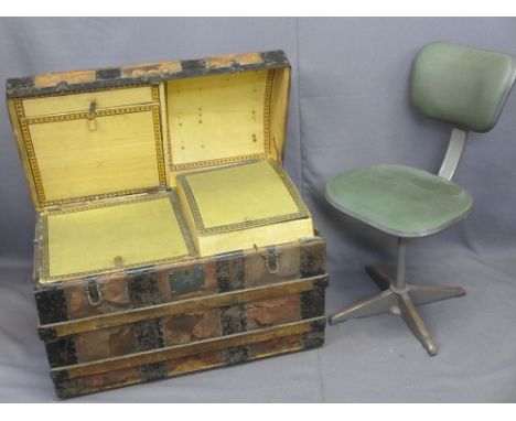 VINTAGE SWIVEL OFFICE CHAIR and a dome top wooden banded trunk with fitted interior compartments and lift-out tray, 55cms H, 