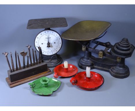 SALTER POSTAL PARCEL BALANCE, vintage kitchen scales and weights, enamel candle holders and vintage drill bits