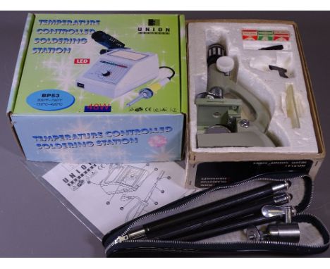BOXED ZOOM POLARISING MICROSCOPE and a temperature controlled soldering iron station ETC