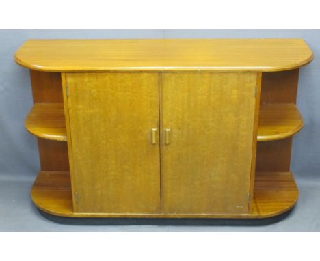 MID-CENTURY TEAK CURVED END SHELF SIDEBOARD with double central cupboard doors, interior drawer and glass shelf, 82cms H, 138